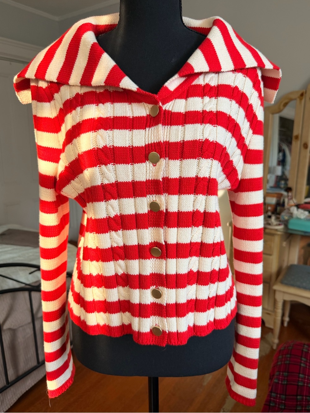 Marled Red & Cream Striped Button-Front Cardigan Size M